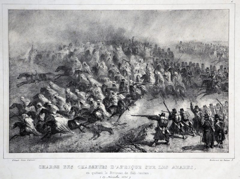 Gravure XIX - Raffet - Monarchie Juillet - Uniforme - Conquête Algérie - Charge des chasseurs d'Afrique sur les Arabes - 1836