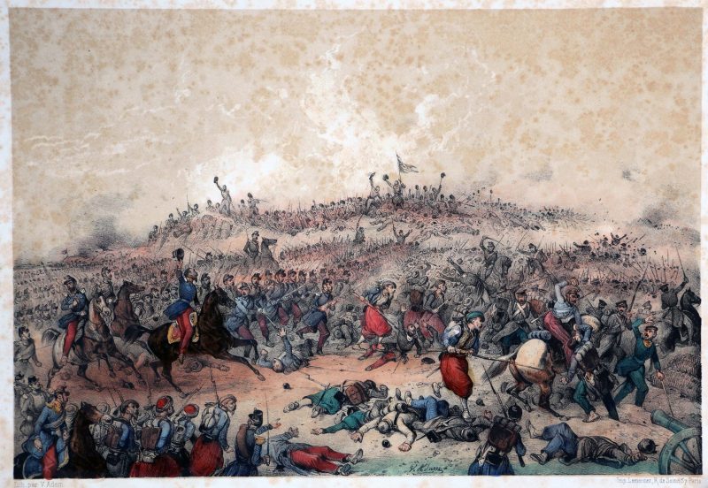 Gravures XIX - Victor Adam - Second Empire - Uniforme - Guerre de Crimée - Bataille d'Inkermann - Division Bousquet s'élance contre les Russes.