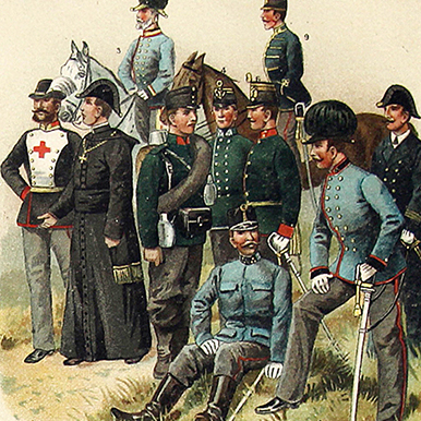 Uniformes Début XX - Planche Knötel Richard - Uniformen Sanitätskorps - Europe avant guerre - Chromolithographie