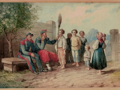 Aquarelle Dessin - Retour au village - Soldat d'infanterie et artillerie - Second Empire - Conscription - Campagne Napoléon III