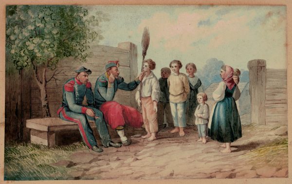 Aquarelle Dessin - Retour au village - Soldat d'infanterie et artillerie - Second Empire - Conscription - Campagne Napoléon III