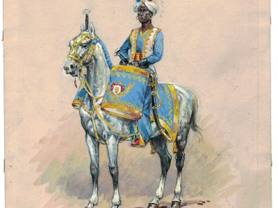 Peinture originale rehaussée - Timbalier des Dragons de la Garde - Pierre Albert Leroux - Gouache - Napoléon - 1er Empire - Uniforme