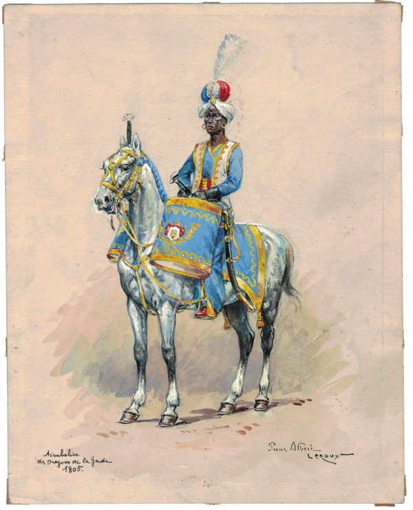Peinture originale rehaussée - Timbalier des Dragons de la Garde - Pierre Albert Leroux - Gouache - Napoléon - 1er Empire - Uniforme