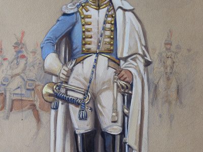 Peinture originale rehaussée - Edmond Lajoux - Trompette de Cuirassier Hollandais - 1er Empire