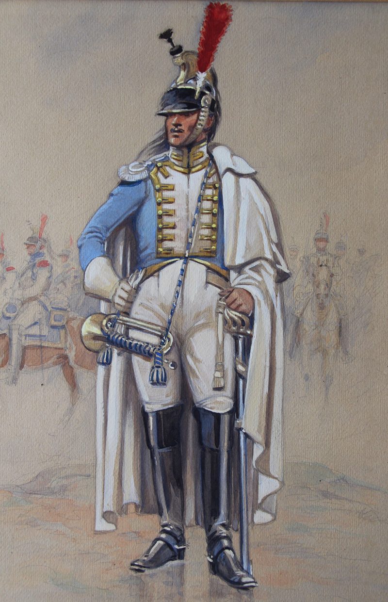 Peinture originale rehaussée - Edmond Lajoux - Trompette de Cuirassier Hollandais - 1er Empire