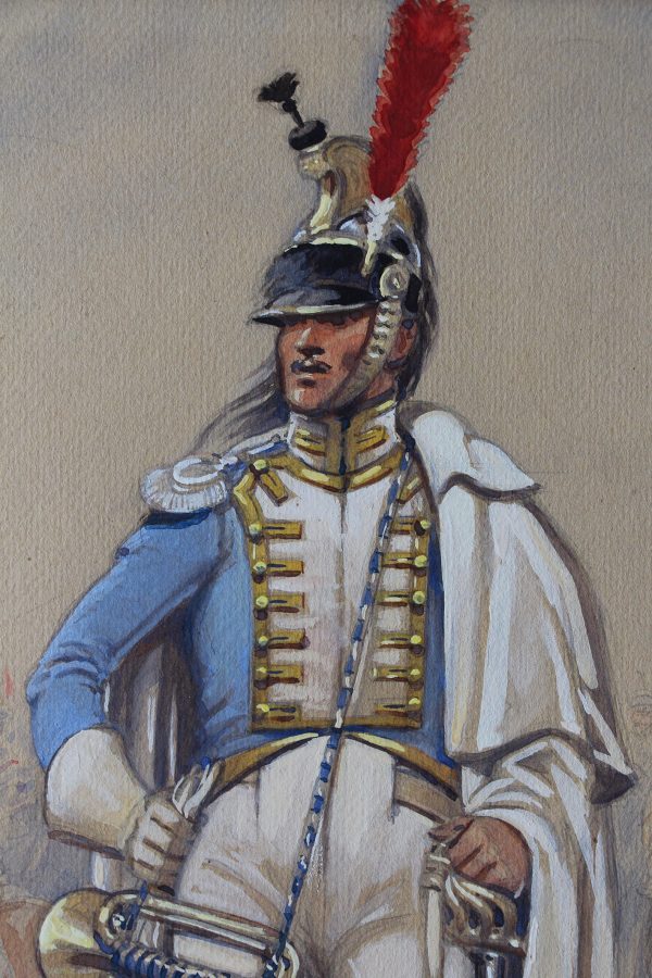 Peinture originale rehaussée - Edmond Lajoux - Trompette de Cuirassier Hollandais - 1er Empire