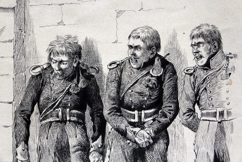 Superbe dessin encre de chine - JOB - Guerre de 1814 - Prussien prisonniers - Original - Uhlan - Une exécution - François Buchamor