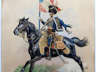 Grande Peinture originale rehaussée - Lucien Rousselot - Porte Étendard Artillerie à Cheval de la Garde - 1er Empire