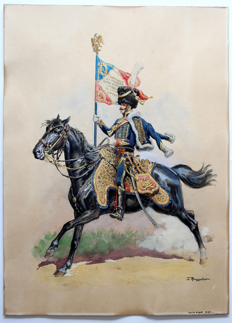Grande Peinture originale rehaussée - Lucien Rousselot - Porte Étendard Artillerie à Cheval de la Garde - 1er Empire
