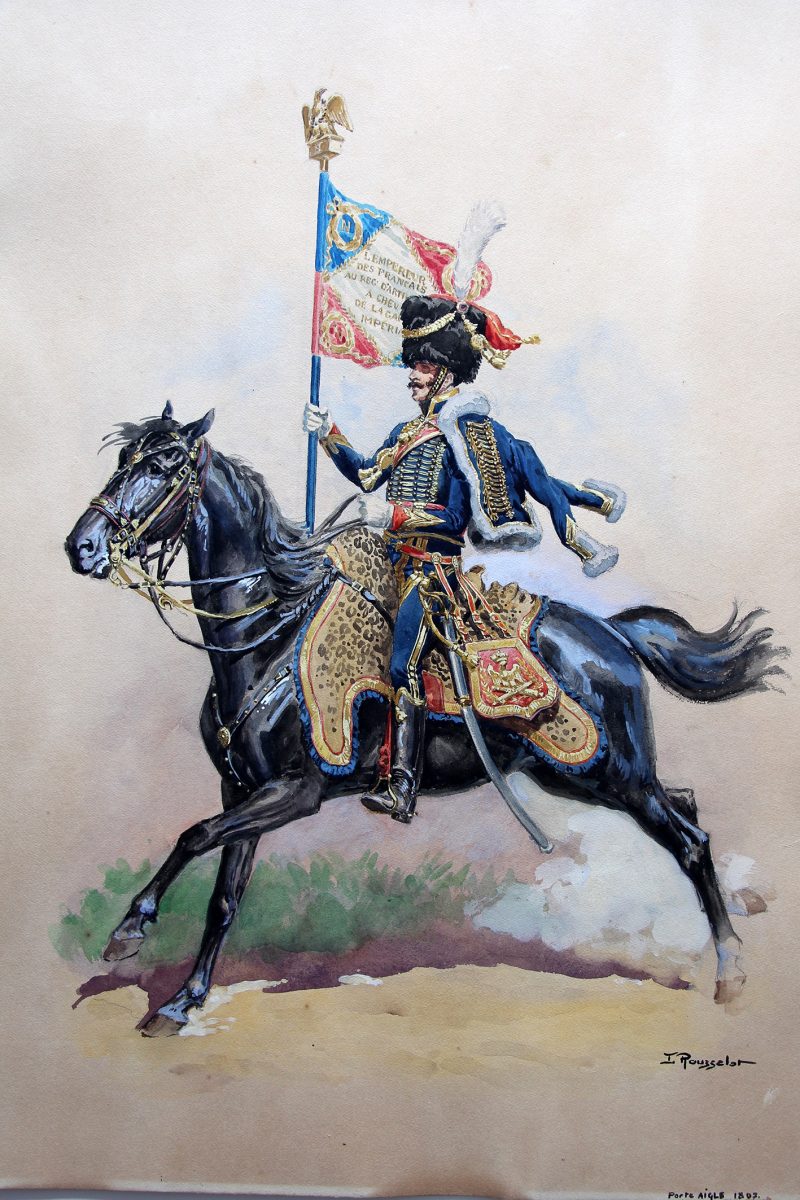 Grande Peinture originale rehaussée - Lucien Rousselot - Porte Étendard Artillerie à Cheval de la Garde - 1er Empire