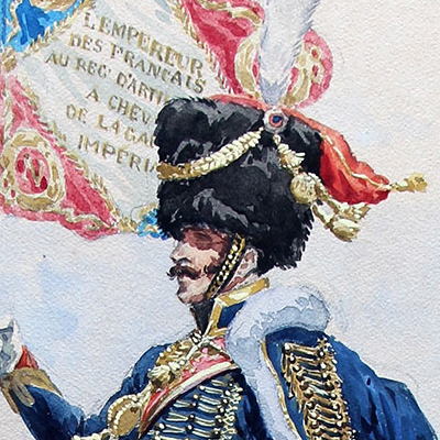 Grande Peinture originale rehaussée - Lucien Rousselot - Porte Étendard Artillerie à Cheval de la Garde - 1er Empire