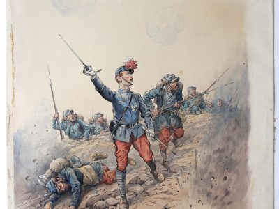 Superbe et Grande Peinture originale rehaussée - JOB - Guerre 14/18 - Charge infanterie - 1915