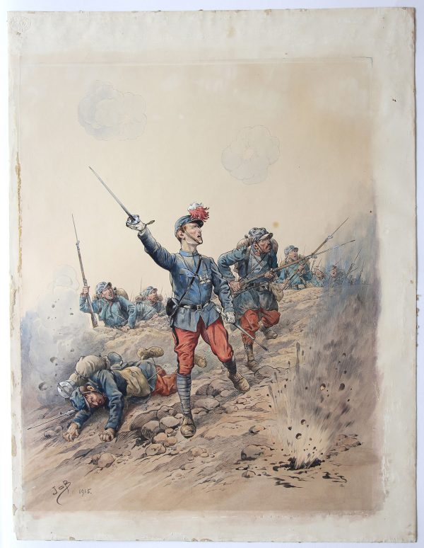 Superbe et Grande Peinture originale rehaussée - JOB - Guerre 14/18 - Charge infanterie - 1915