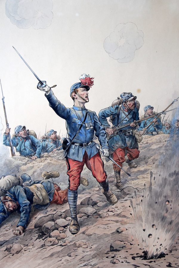 Superbe et Grande Peinture originale rehaussée - JOB - Guerre 14/18 - Charge infanterie - 1915