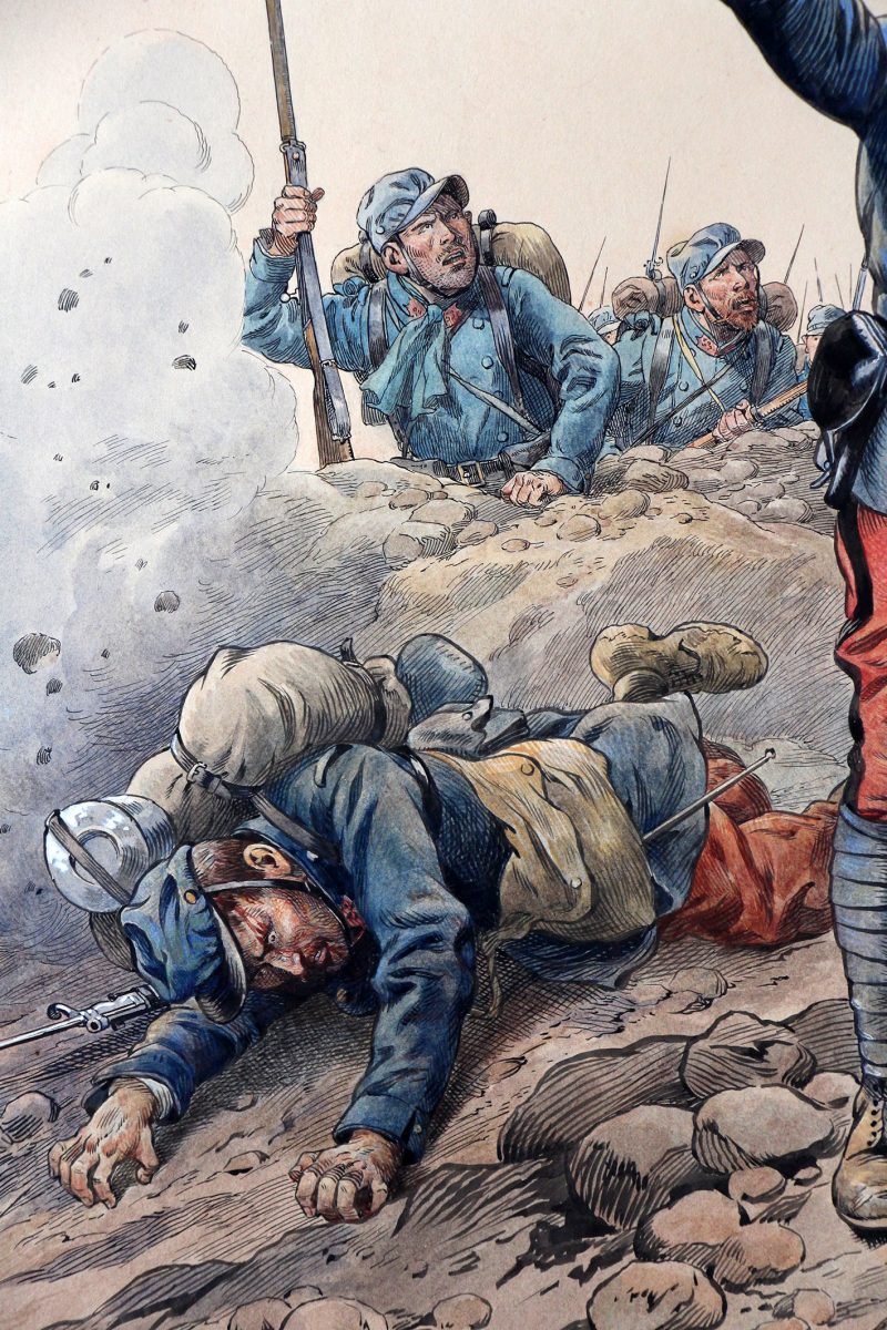 Superbe et Grande Peinture originale rehaussée - JOB - Guerre 14/18 - Charge infanterie - 1915