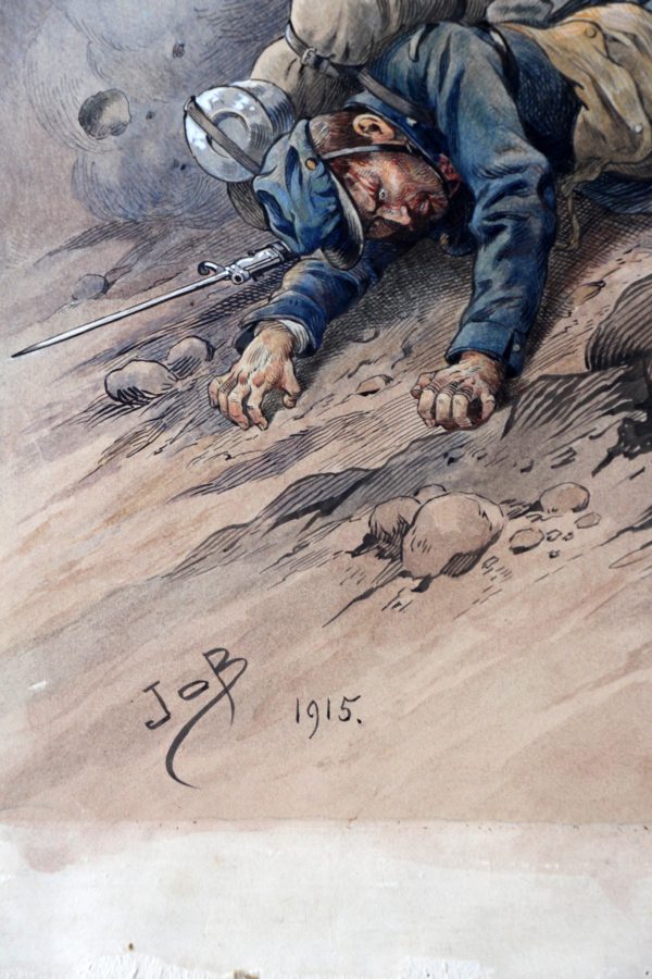 Superbe et Grande Peinture originale rehaussée - JOB - Guerre 14/18 - Charge infanterie - 1915