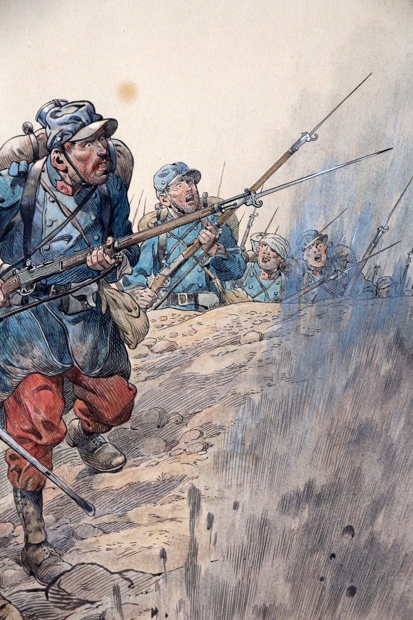 Superbe et Grande Peinture originale rehaussée - JOB - Guerre 14/18 - Charge infanterie - 1915