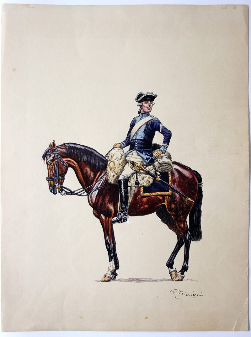 Superbe et Grande Peinture originale rehaussée - Pierre Benigni - rès belle aquarelle originale de Pierre Benigni. Royal Cravates Cavalerie (8 régiment) 1776 Maréchal des Logis.