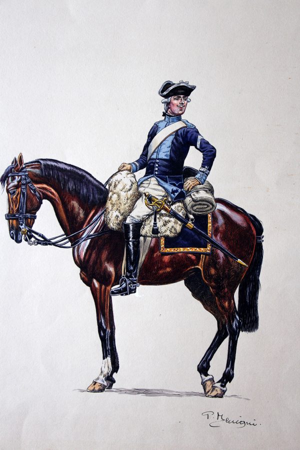 Superbe et Grande Peinture originale rehaussée - Pierre Benigni - rès belle aquarelle originale de Pierre Benigni. Royal Cravates Cavalerie (8 régiment) 1776 Maréchal des Logis.