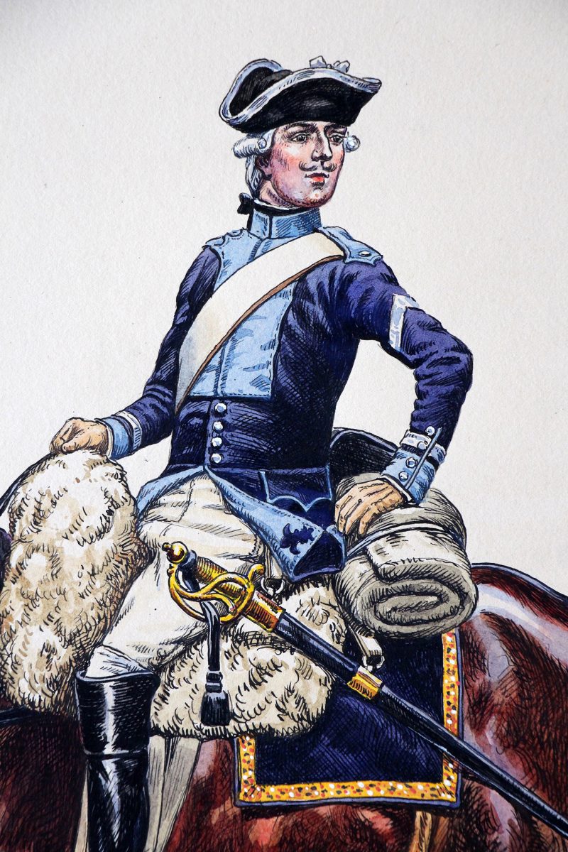 Superbe et Grande Peinture originale rehaussée - Pierre Benigni - rès belle aquarelle originale de Pierre Benigni. Royal Cravates Cavalerie (8 régiment) 1776 Maréchal des Logis.