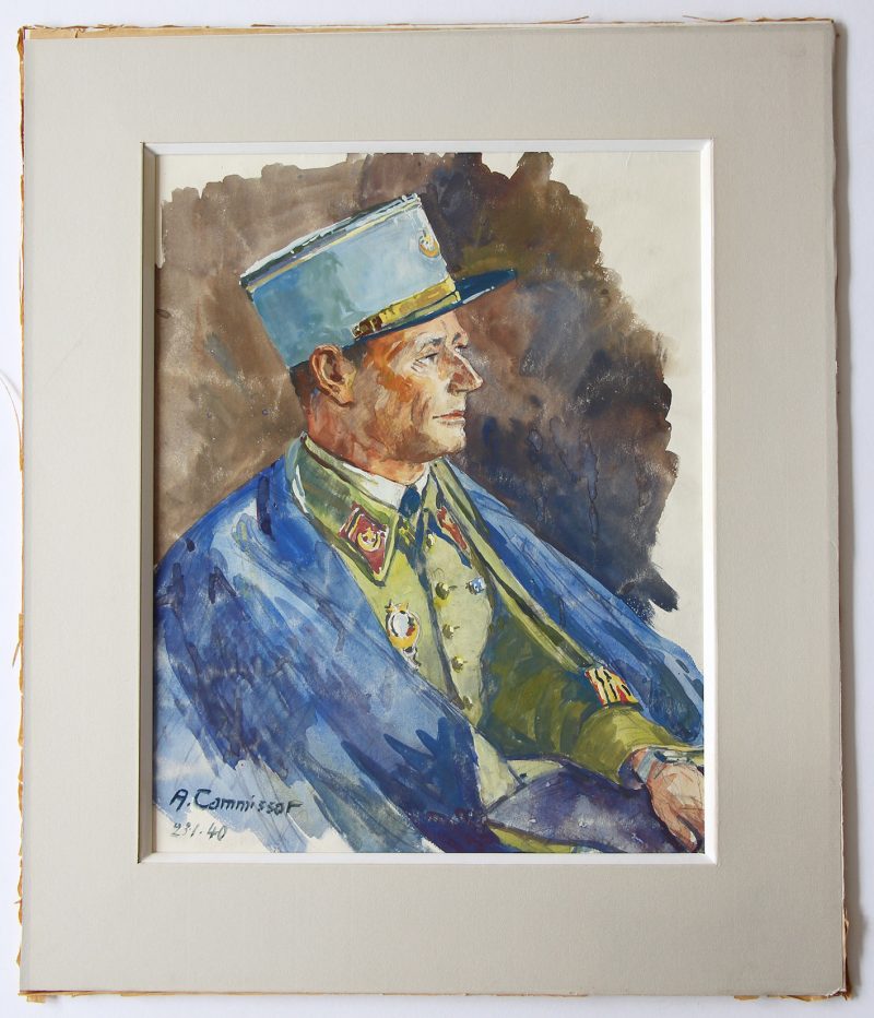 Grand Gouache Aquarelle - Auguste Cammissar - Drôle de Guerre - Soldat 1940 - Uniforme