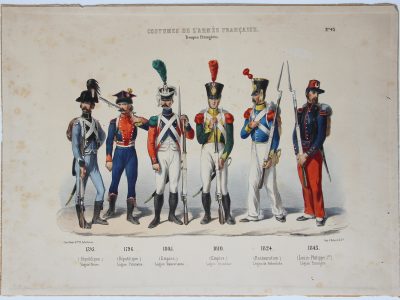 Planche ancienne sur l'armée Française - Charles Vernier - Costumes de l'armée Française - Troupes Étrangères - Rehaussée à la main