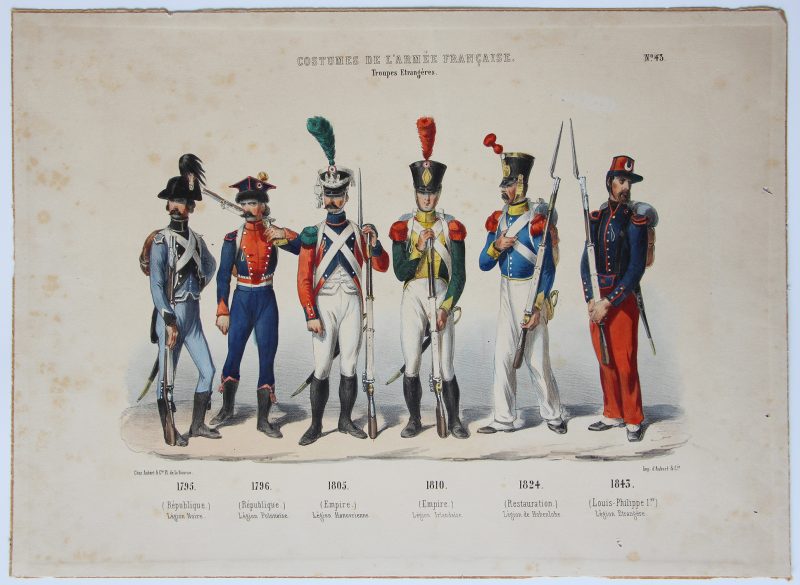 Planche ancienne sur l'armée Française - Charles Vernier - Costumes de l'armée Française - Troupes Étrangères - Rehaussée à la main