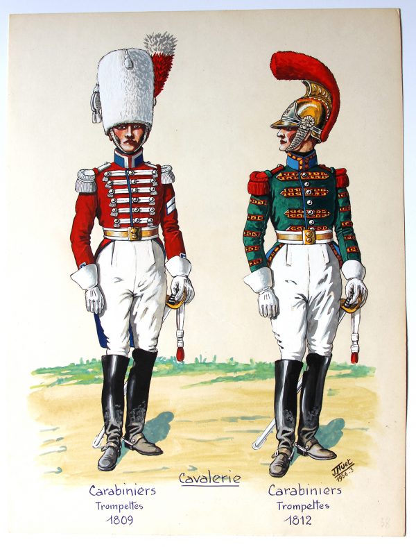 Peinture originale rehaussée - Carabiniers 1809/1815 - J.Huet - Gouache - Napoléon - 1er Empire - Uniforme