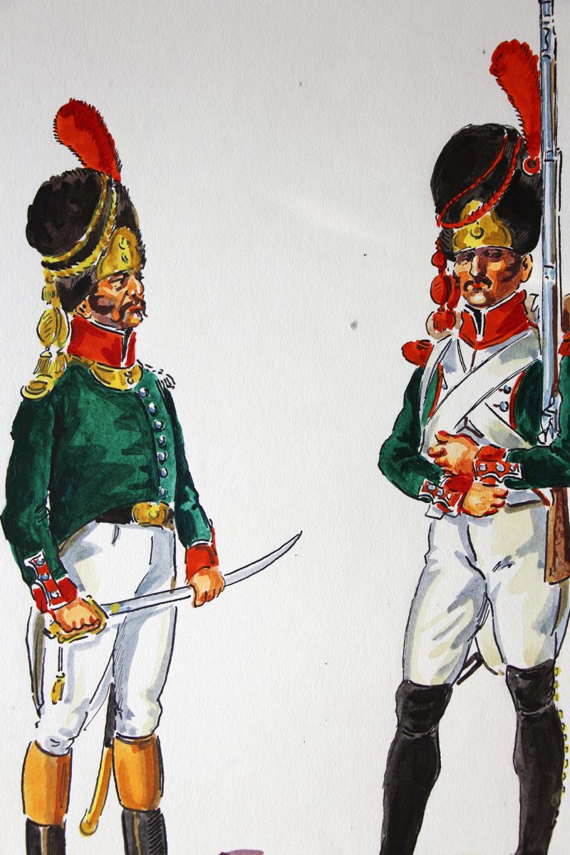 Peinture originale rehaussée - Hussards - Henry Boisselier - Gouache - Infanterie Légère Italie - Napoléon - 1er Empire - Uniforme