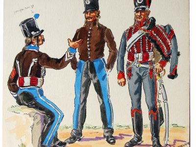 Peinture originale rehaussée - Hussards - Henry Boisselier - Gouache - 2ème et 3ème Régiment - Napoléon - 1er Empire - Uniforme