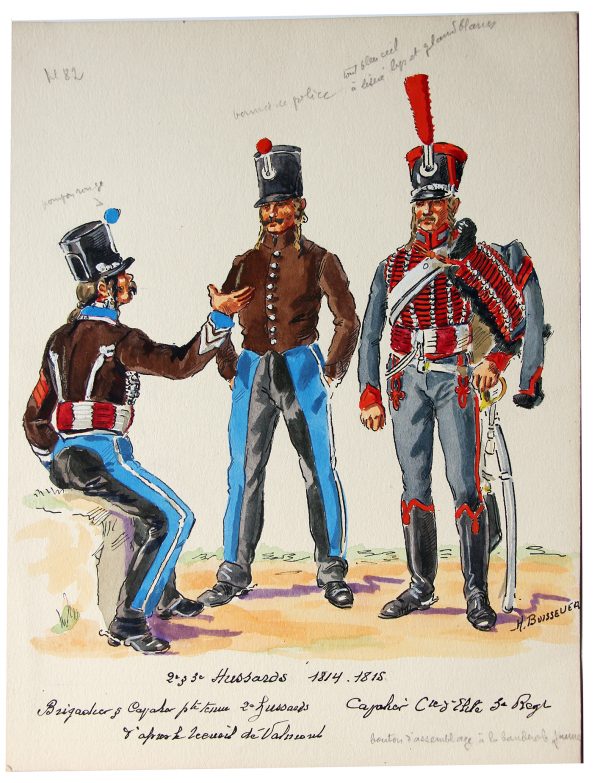 Peinture originale rehaussée - Hussards - Henry Boisselier - Gouache - 2ème et 3ème Régiment - Napoléon - 1er Empire - Uniforme