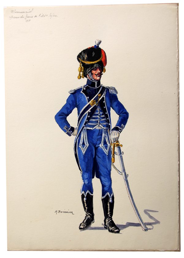 Superbe et Grande Peinture Encre et Gouache originale - Henry Boisselier - Officier train d'artillerie - Camp de Dresde - 1er Empire - Napoléon 1er