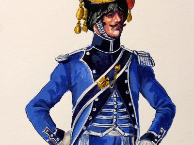 Superbe et Grande Peinture Encre et Gouache originale - Henry Boisselier - Officier train d'artillerie - Camp de Dresde - 1er Empire - Napoléon 1er