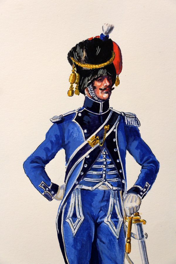 Superbe et Grande Peinture Encre et Gouache originale - Henry Boisselier - Officier train d'artillerie - Camp de Dresde - 1er Empire - Napoléon 1er