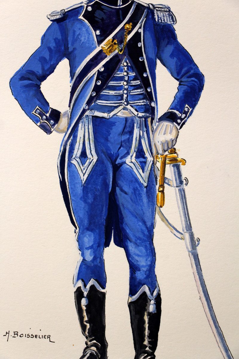 Superbe et Grande Peinture Encre et Gouache originale - Henry Boisselier - Officier train d'artillerie - Camp de Dresde - 1er Empire - Napoléon 1er