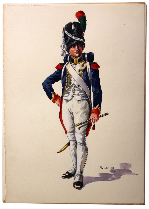 Superbe et Grande Peinture Encre et Gouache originale - Henry Boisselier - Fifre Chasseurs à Pied de la Garde Impériale - Collection Boersch - 1er Empire - Napoléon 1er