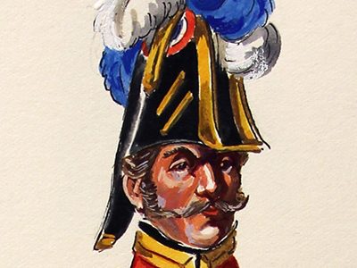 Superbe et Grande Peinture Encre et Gouache originale - Henry Boisselier - Tambour-Major d'infanterie de ligne - Camp de Dresde - 1er Empire - Napoléon 1er
