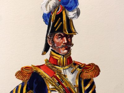 Superbe et Grande Peinture Encre et Gouache originale - Henry Boisselier - Tambour-Major d'infanterie de ligne - Camp de Dresde - 1er Empire - Napoléon 1er