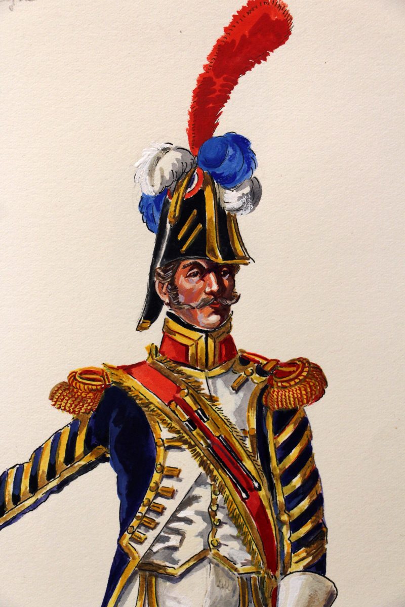 Superbe et Grande Peinture Encre et Gouache originale - Henry Boisselier - Tambour-Major d'infanterie de ligne - Camp de Dresde - 1er Empire - Napoléon 1er