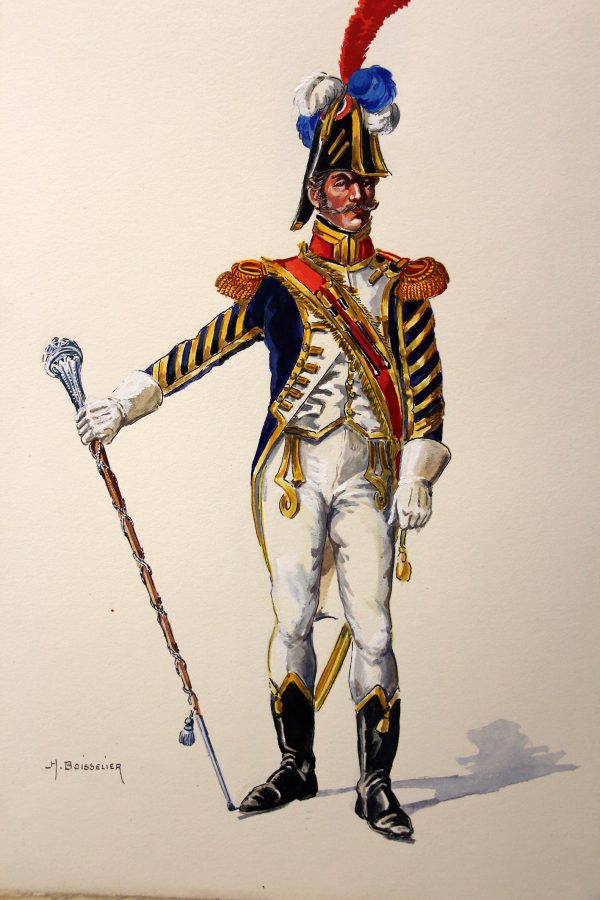 Superbe et Grande Peinture Encre et Gouache originale - Henry Boisselier - Tambour-Major d'infanterie de ligne - Camp de Dresde - 1er Empire - Napoléon 1er