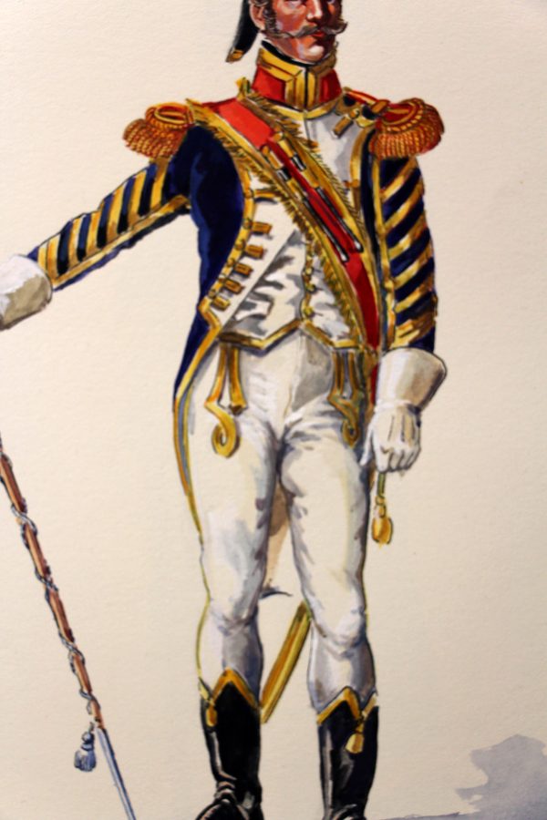 Superbe et Grande Peinture Encre et Gouache originale - Henry Boisselier - Tambour-Major d'infanterie de ligne - Camp de Dresde - 1er Empire - Napoléon 1er