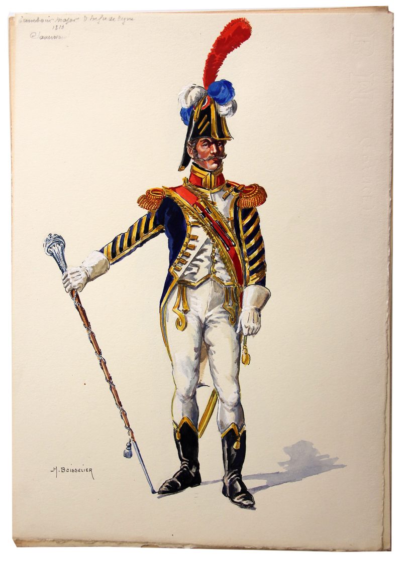 Superbe et Grande Peinture Encre et Gouache originale - Henry Boisselier - Tambour-Major d'infanterie de ligne - Camp de Dresde - 1er Empire - Napoléon 1er