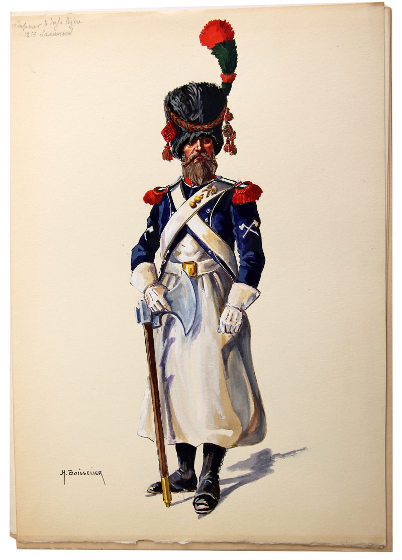 Superbe et Grande Peinture Encre et Gouache originale - Henry Boisselier - Sapeur d'infanterie légère - Camp de Dresde - 1er Empire - Napoléon 1er