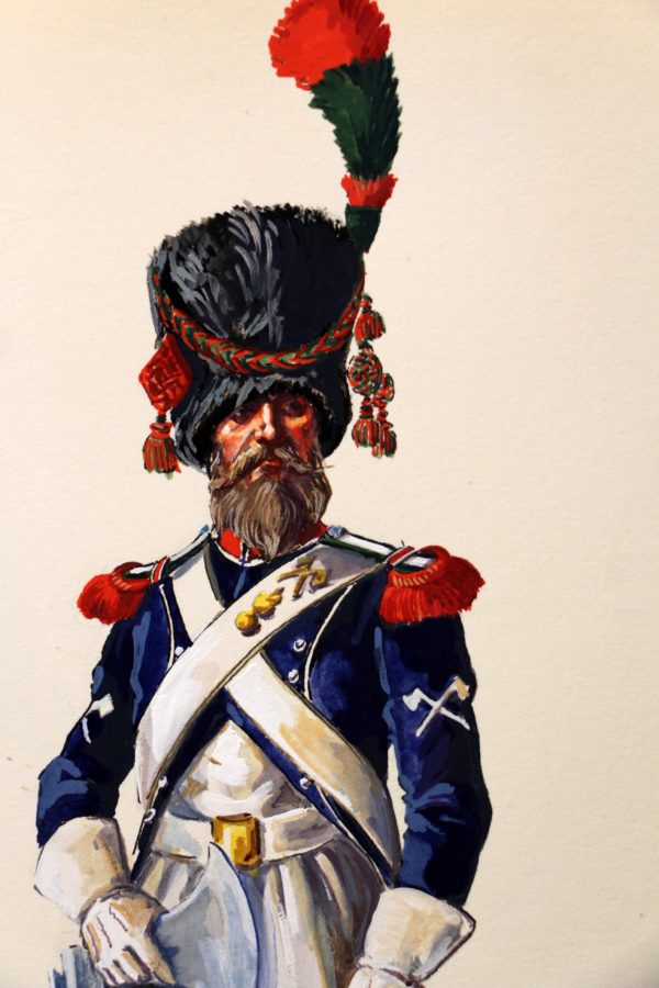 Superbe et Grande Peinture Encre et Gouache originale - Henry Boisselier - Sapeur d'infanterie légère - Camp de Dresde - 1er Empire - Napoléon 1er