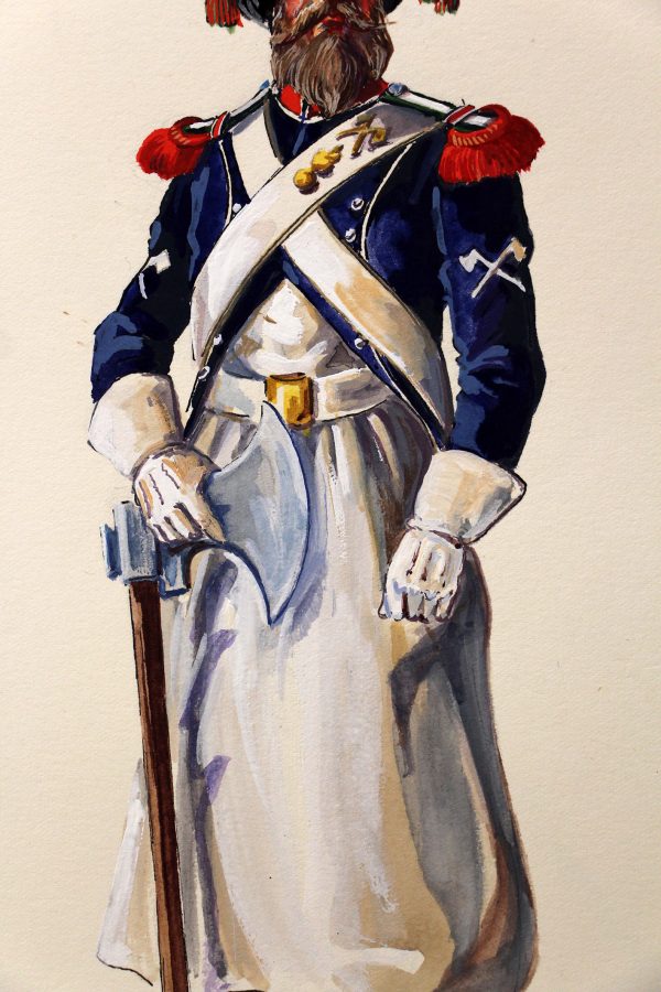 Superbe et Grande Peinture Encre et Gouache originale - Henry Boisselier - Sapeur d'infanterie légère - Camp de Dresde - 1er Empire - Napoléon 1er