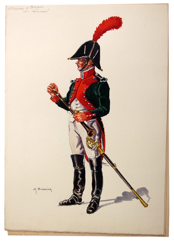 Superbe et Grande Peinture Encre et Gouache originale - Henry Boisselier - Musicien de dragons - Camp de Dresde - 1er Empire - Napoléon 1er