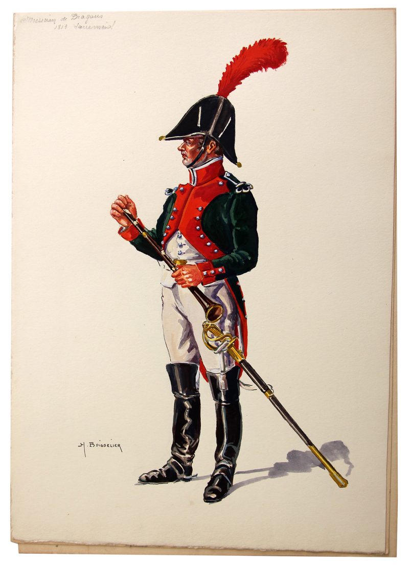 Superbe et Grande Peinture Encre et Gouache originale - Henry Boisselier - Musicien de dragons - Camp de Dresde - 1er Empire - Napoléon 1er