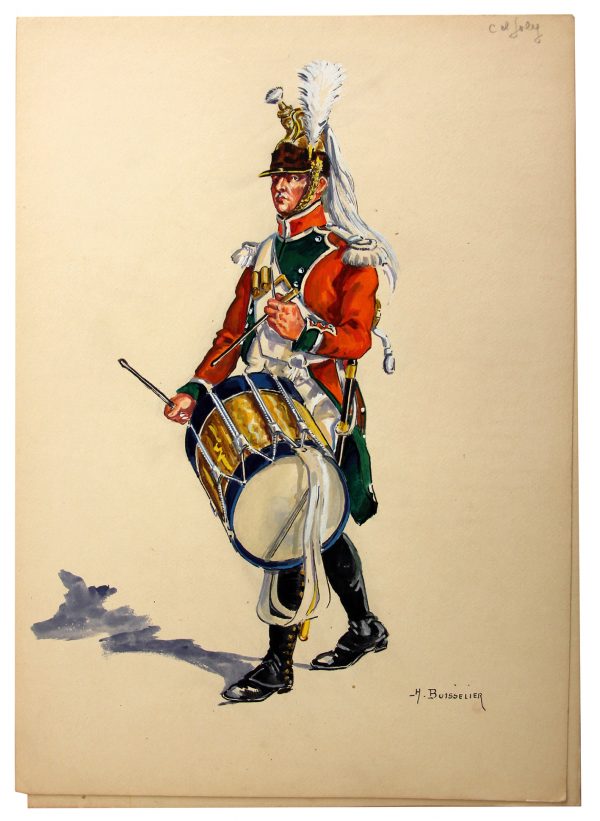 Superbe et Grande Peinture Encre et Gouache originale - Henry Boisselier - Tambour du 29e dragons : aquarelle du Colonel Jolly - 1er Empire - Napoléon 1er