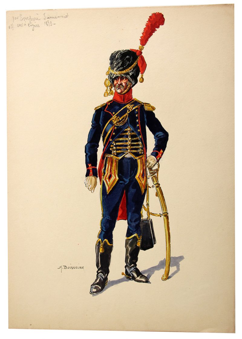 Superbe et Grande Peinture Encre et Gouache originale - Henry Boisselier - Officier d'artillerie à cheval - Camp de Dresde - 1er Empire - Napoléon 1er