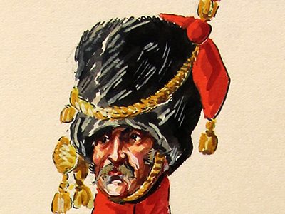 Superbe et Grande Peinture Encre et Gouache originale - Henry Boisselier - Officier d'artillerie à cheval - Camp de Dresde - 1er Empire - Napoléon 1er